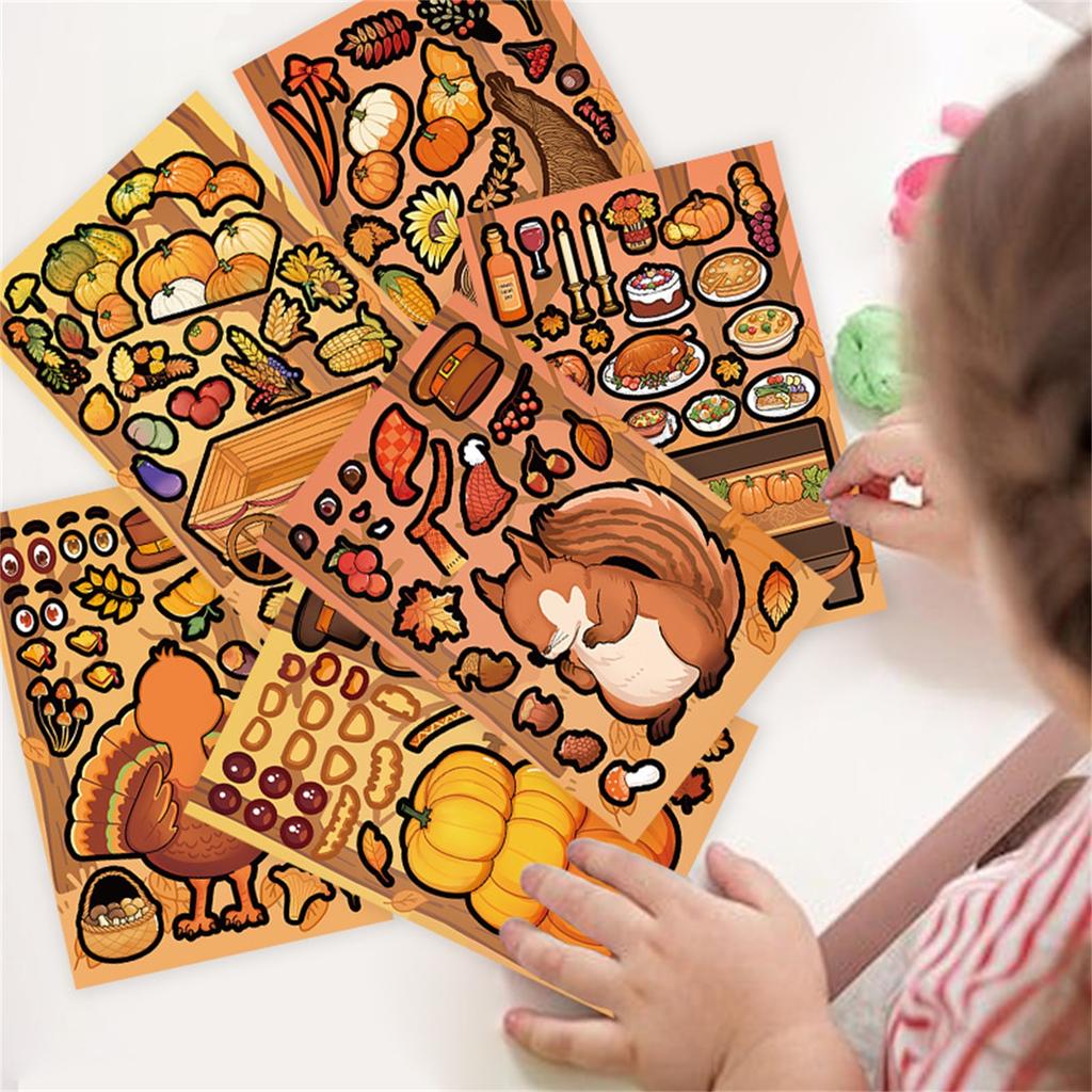 8 Thanksgiving Puzzle Face-changing Stickers, Cartoon Turkey And Squirrel Children's Cute Puzzle Diary DIY Stickers