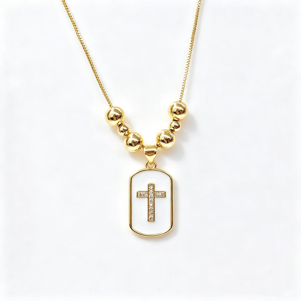 White Black Red Enamel Art Cross Zirconia Pendant Necklace: New Fashion for Women Party Pearl Chain Choker Religious Prayer Gift