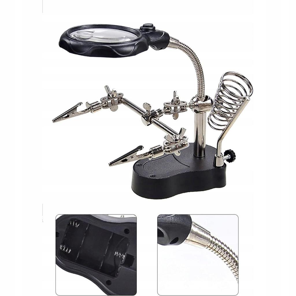 Third hand with magnifying glass 3.5x 12x TE-801 | LED 2x | Soldering iron holder | Adjustable crocodile clips | Stable base 10x6cm | Height 26cm