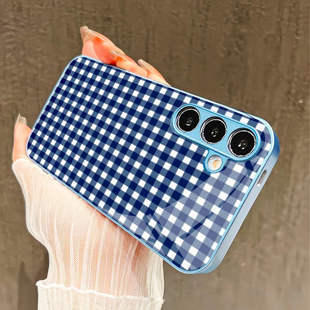 Blau weiß kleine Karos Handyhülle für Samsung Galaxy S26 S25 S24 S23 S22 FE Ultra Plus Integriertes Glasgefühl Bare Machine Männer Frauen