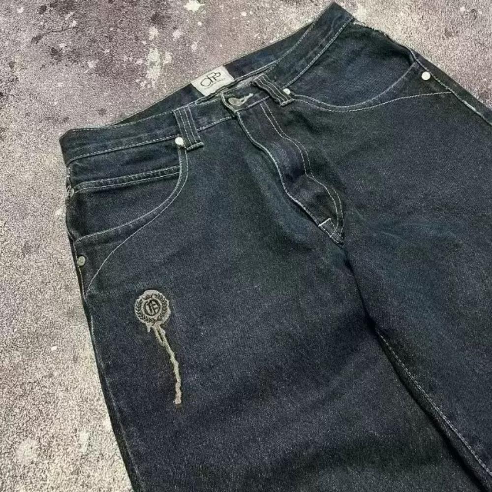 ZYLLO American Retro High Street Y2K Personalized Patchwork Letter Embroidered Jeans Gothic Fashion Wide-leg Denim Trousers