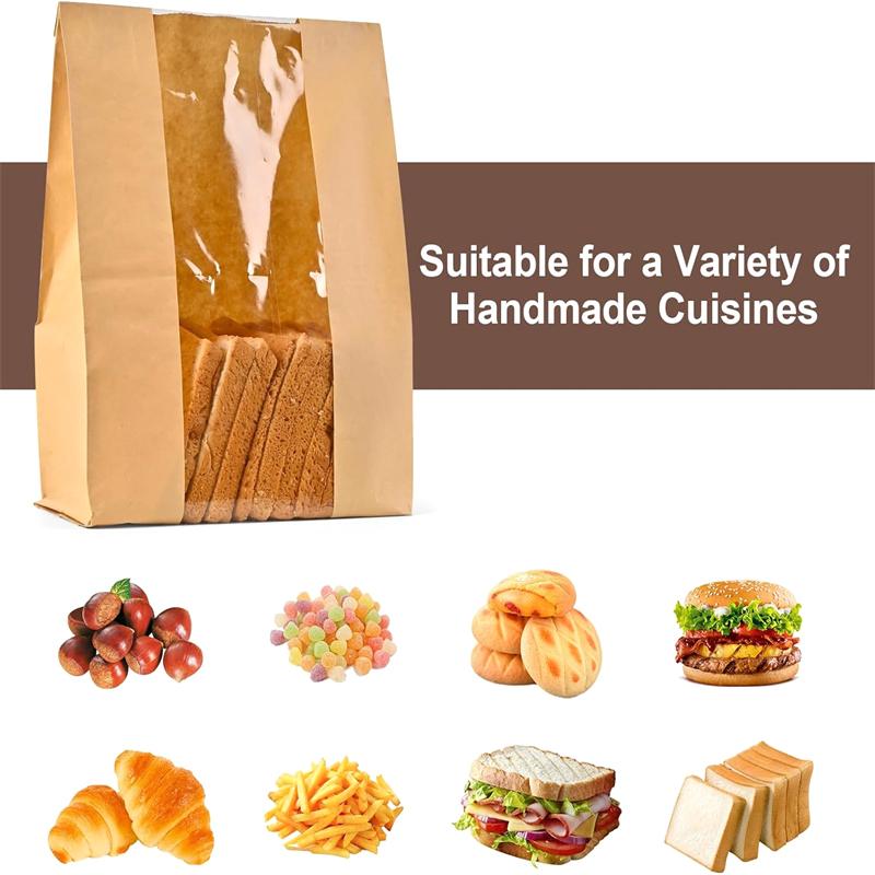 50Pcs Kraft Paper Bag With Window Bread Packaging Bags Handmade Toast Biscuit Candy Packing Pounches With Label Sealing Stickers