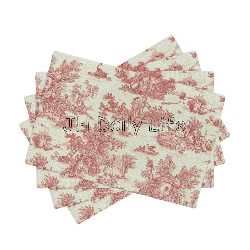 French Toile De Jouy Placemats Sets of 4 Waterproof Heat Resistant Linen Table Mats for Home Party Dining Table Decor 12x18 Inch