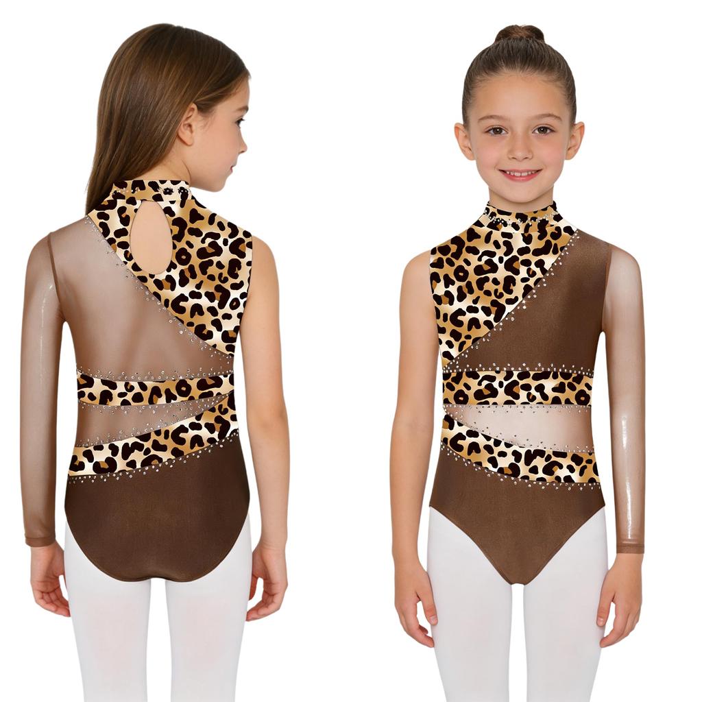 Girls Gymnastic Leotard Sparkly Rhinestones Patchwork Asymmetric Sleeve Design Back Hole Out Crotch Press Buttons Dance Unitard Competition Bodysuit