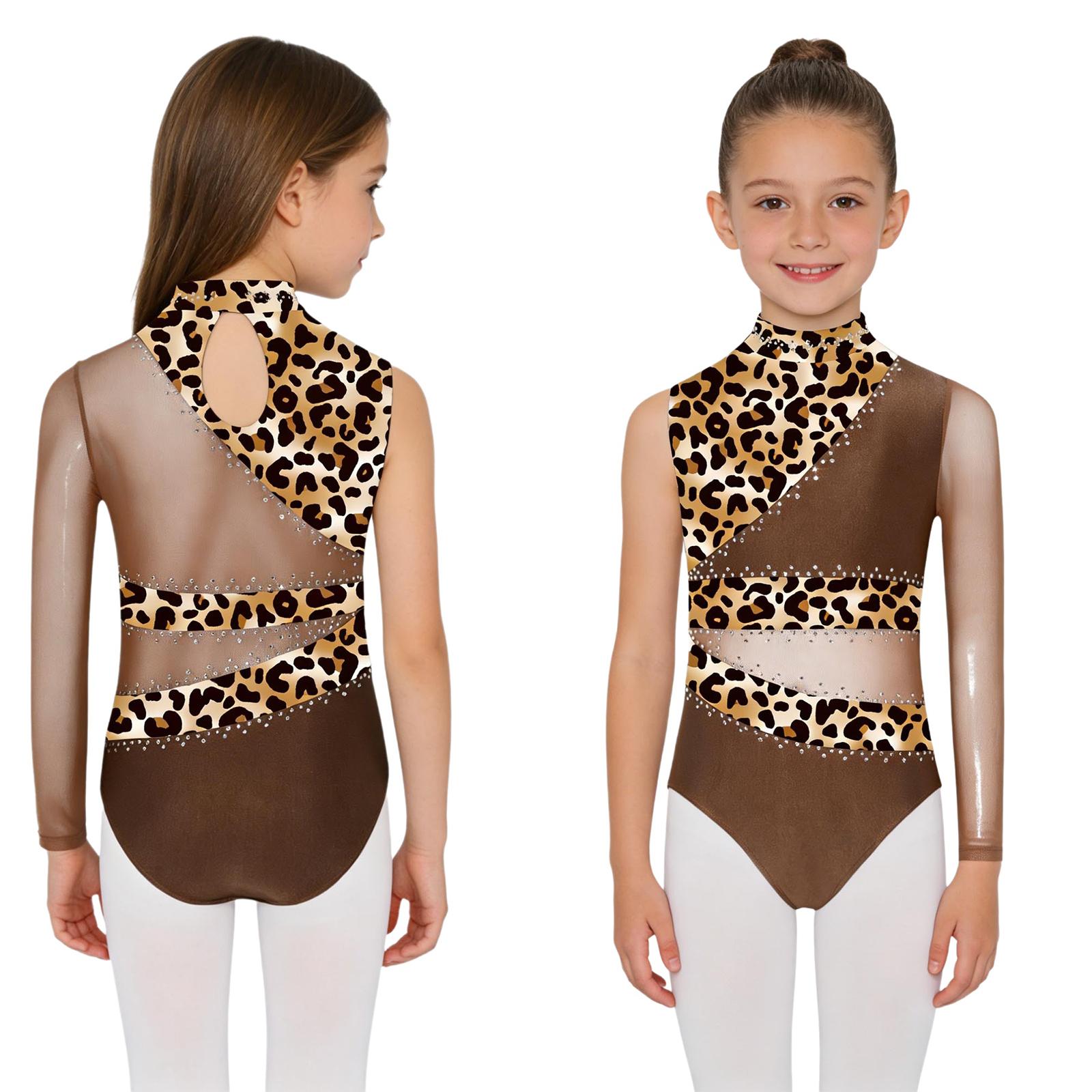 

Girls Sparkly Leotard with Rhinestones Asymmetric Sleeve Patchwork Back Cutout and Button Crotch for Dance Competition 5-6 Years коричневий