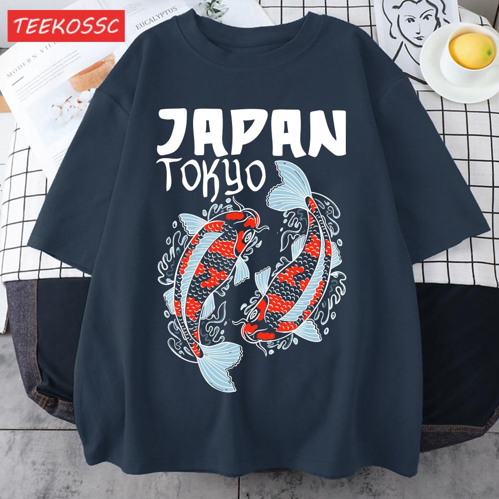 Harajuku Japan Tokyo Koi Print Man TShirt Summer New Loose Short Sleeve ONeck Cotton T Shirts Trendy Unisex AllMatch Clothes