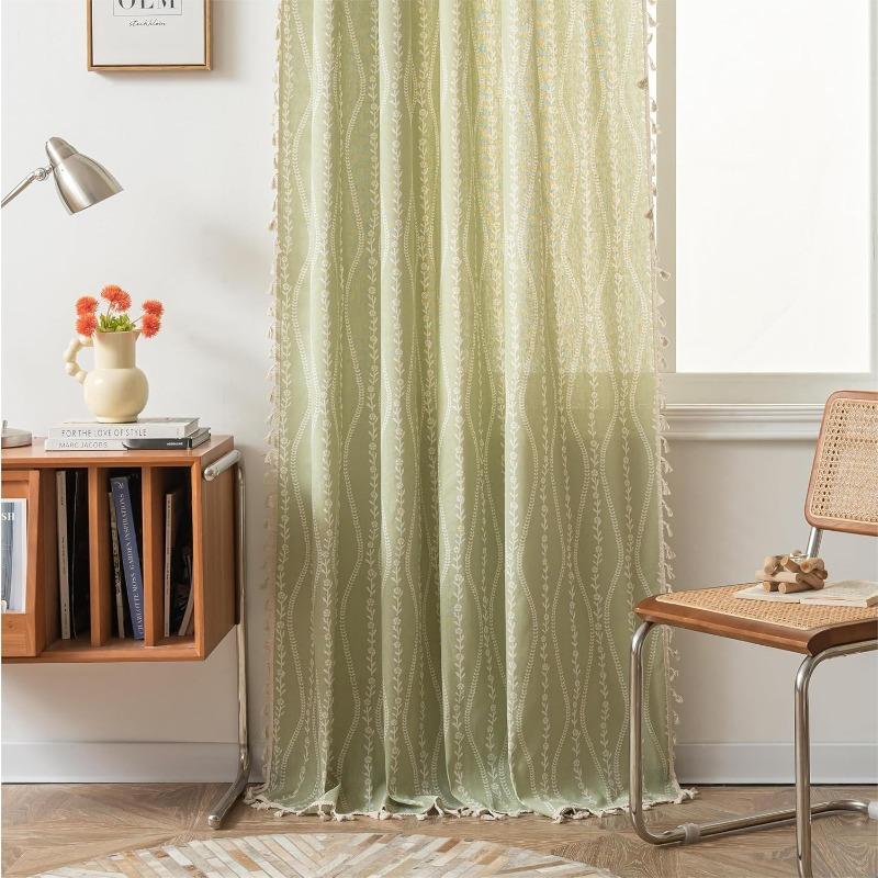 Stripe Floral Boho Curtains for Bedroom Living Room, Bohemian Vintage Tassels Window Treatment Drape for Home Decorations Rod Pocket,1pc