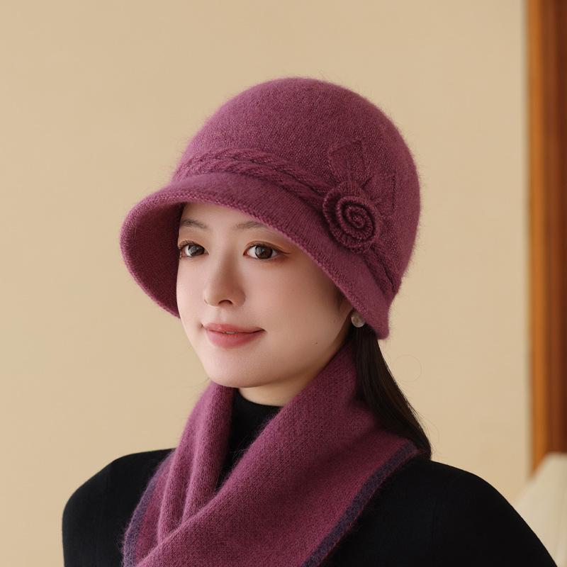 Autumn And Winter Hats Women'S Solid Color Flower High-End Mother Hat Plush Rabbit Fur Warm Knitted Wool Hat
