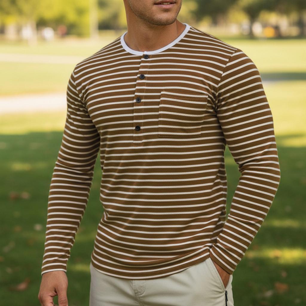 Men's Casual And Trendy Long,sleeved Shirt With A Base Layer And Horizontal Striped Round,neck Top
