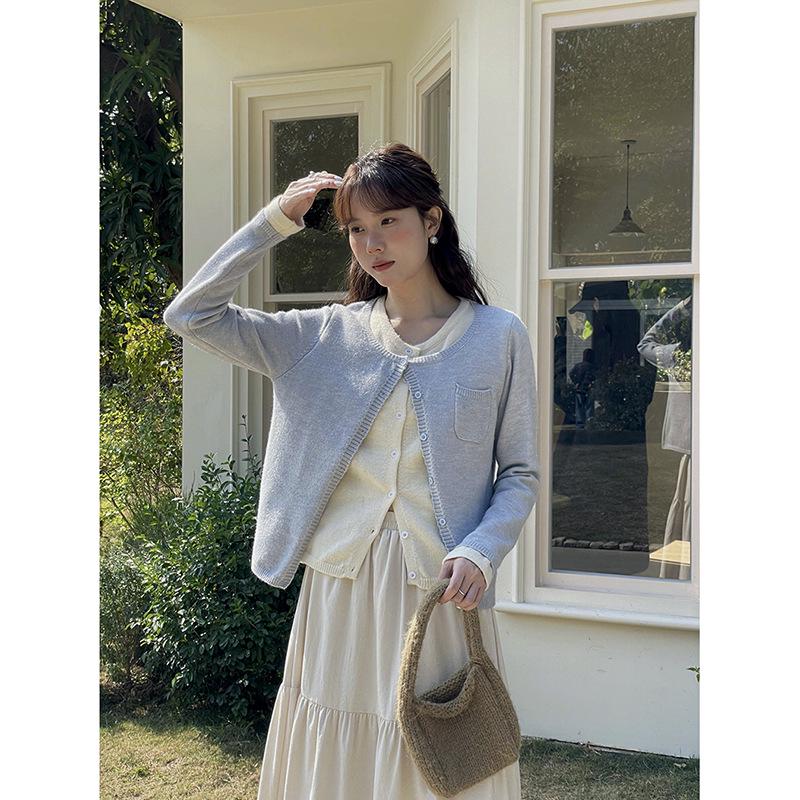 [Ge Ming] Women's Retro Color Block Patchwork Knit Cardigan - Fake Two-Piece Long Sleeve Top for Autumn, Y8810F