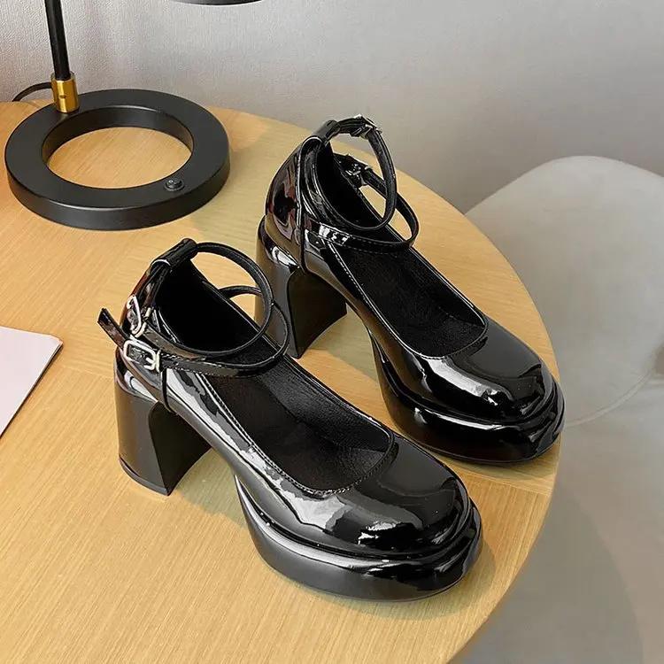 Fashion New High Heels Women's Spring Autumn Pumps Shoes Red Black Retro Thick Soled 2025 Shoes Ankle Buckle 9cm Chunky Heels Women