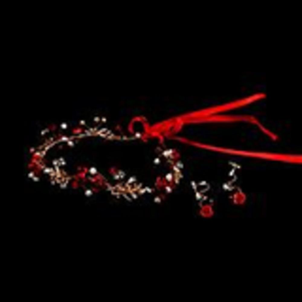 Rose Flower Crown Bridesmaid Headband With Ribbon Bride Hairband Earring Set Red Crystal Pearl