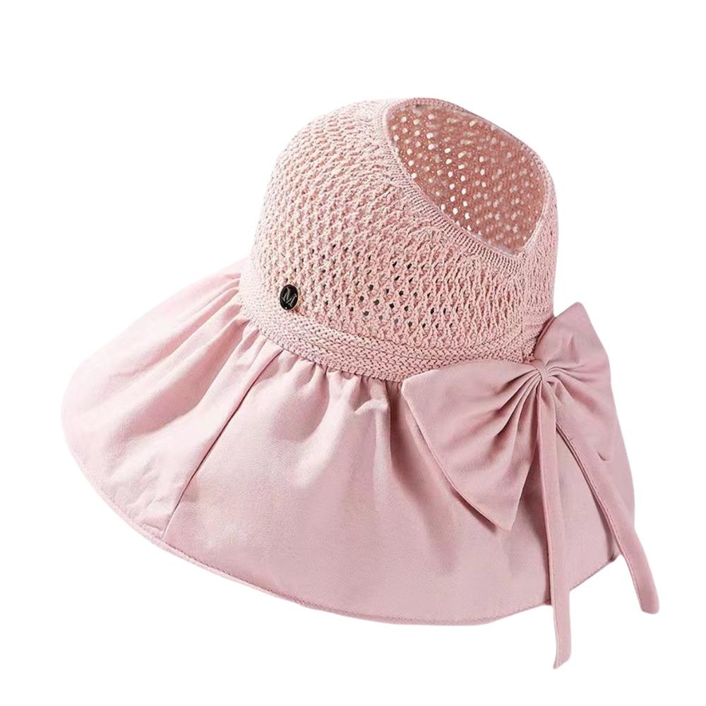 UV Protection Woven Empty Top Cap Bow Vinyl Sun Hats Elegant Wide Brim Bucket Hat  Seaside
