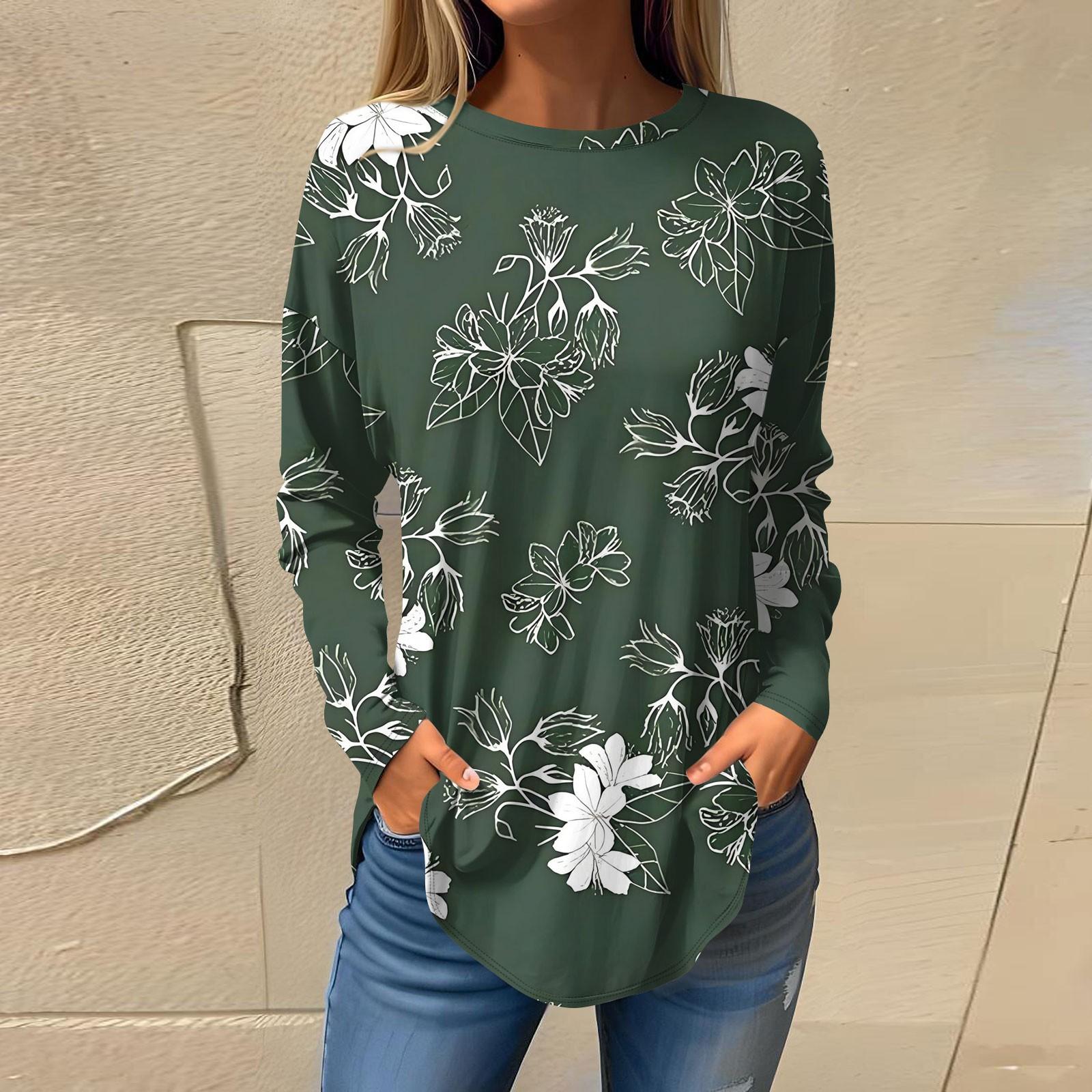 

Женская модная повседневная футболка с круглым вырезом, цветочным принтом и длинными рукавами, пуловер, топ с длинными рукавами L