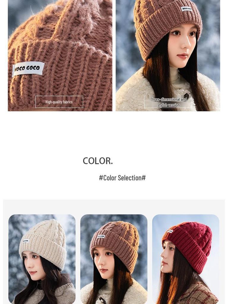 Korean-Style Versatile Loose Knit Beanie for Women - Windproof, Warm Ear Protection, Large Head Circumference, Slim-Face Design for Autumn and Winter.