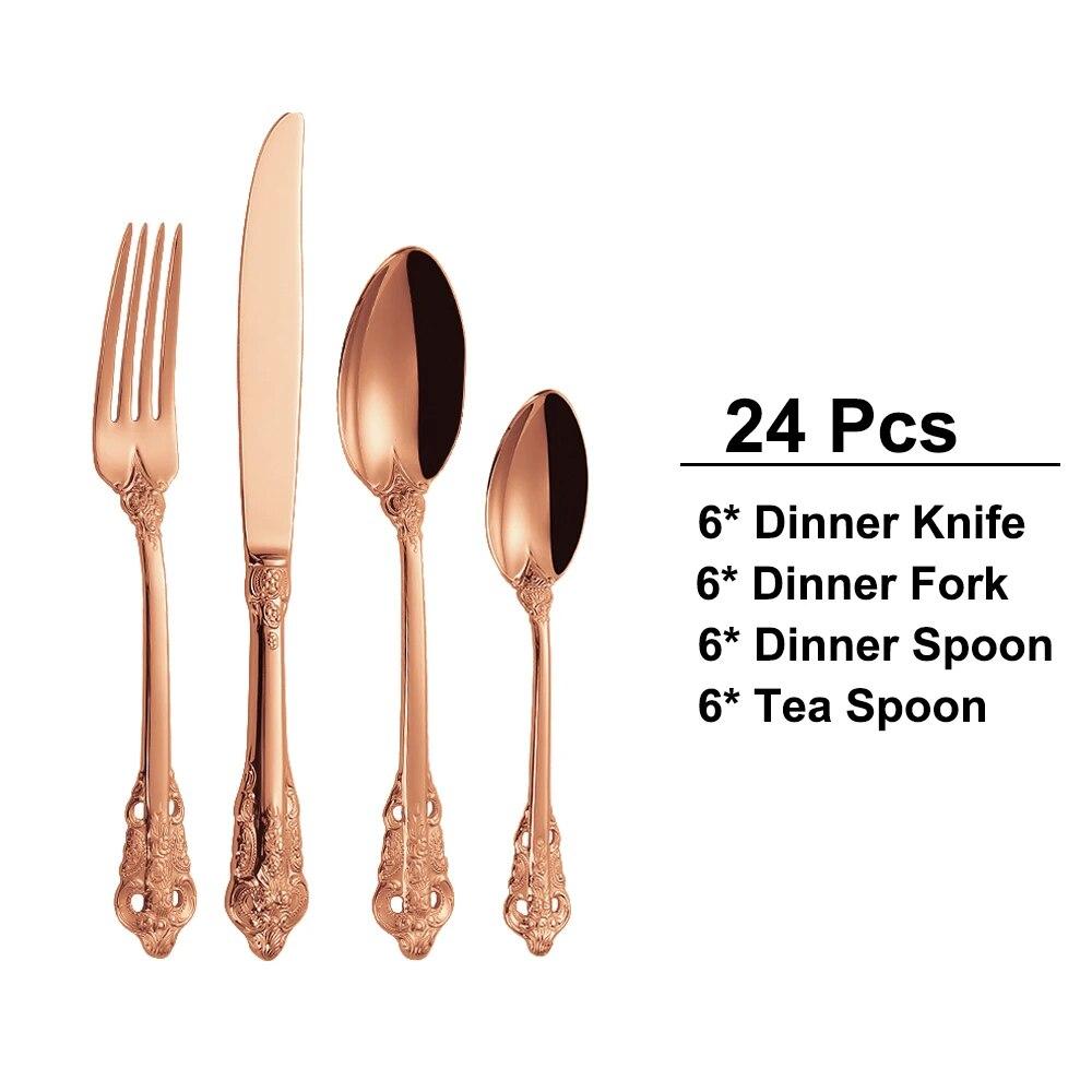 24/30Pieces Gold Cutlery Set Stainless Steel Vintage Western Dinnerware Luxury Tableware Engraving Forks Knive Spoons Sliverware