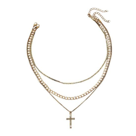 Layered Cross Necklace for Women Rhinestone Crystal Pendant Multi-Layer Choker Chain with Adjustable Extender