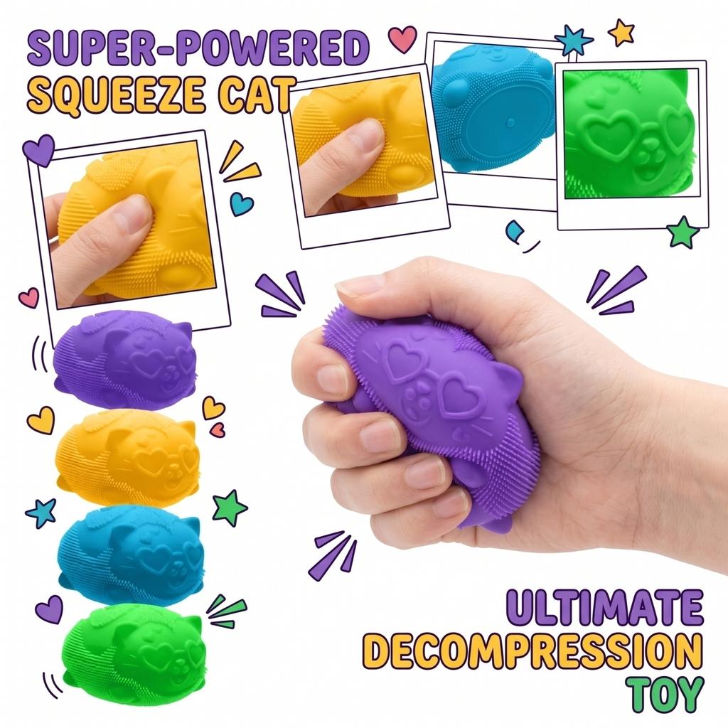 Sensory Squeeze Toy for Stress Relief and Hand Exercise Textured Soft Material Cat Shape Suitable for Adults and Children