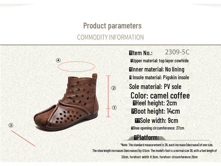 Shanghai Jiezhou 2024 Sandales Bottes Hautes Découpes Rétro en Cuir de Vachette - Chaussures Décontractées Confortables Polyvalentes pour Femmes
