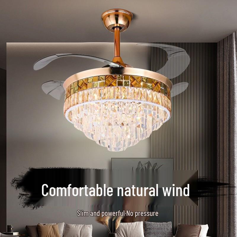 European Light Luxury Crystal Ceiling Fan with Invisible Blades for Living Room, Bedroom, and Restaurant.
