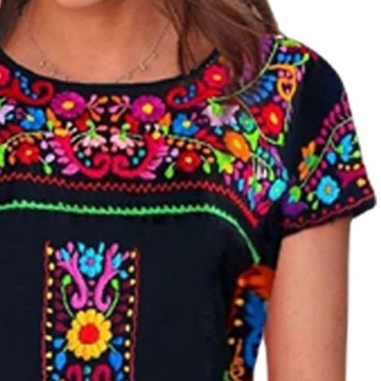 Women Vintage Boho Ethnic Floral Print Tee Shirt O Neck Short Sleeve Loose Fit T Shirt Workwear