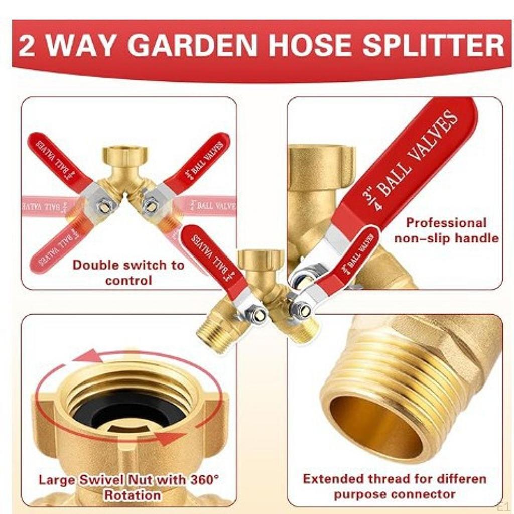 2 Way Garden Hose Splitter 3/4" Brass Tap Connector 3/4 inch Ght Thread and Washers Connect