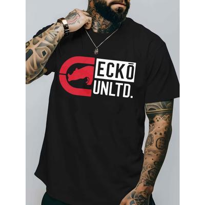European Sizes Men's New T-shirt with a Red Gecko Logo, Black Background with White Text In Bold Letters and Trendy Design Elements