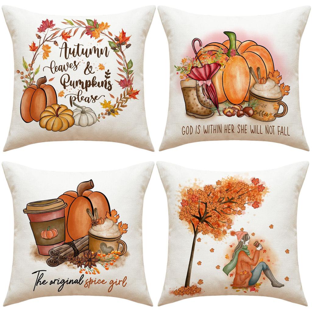 Thanksgiving Pillow Covers,Pumpkin & Autumn Leaf Design, Soft Flannel Sofa Cushion Covers for Home Decor,45x45cm, No Pillow Insert