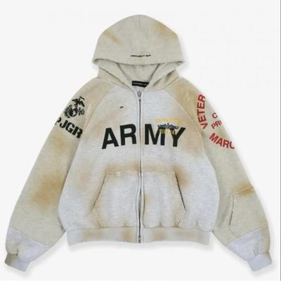 Pánská nadrozměrná roztrhaná mikina na zip s patchworkovým designem Streetwear Ležérní mikina