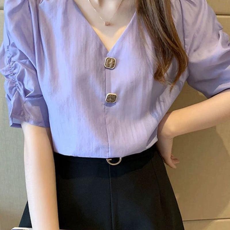 WTEMPO Brand Solid Colour Chiffon Shirt Women's Short-sleeved Shirt Summer Fashion Versatile Loose V-neck Bubble Sleeve Tops