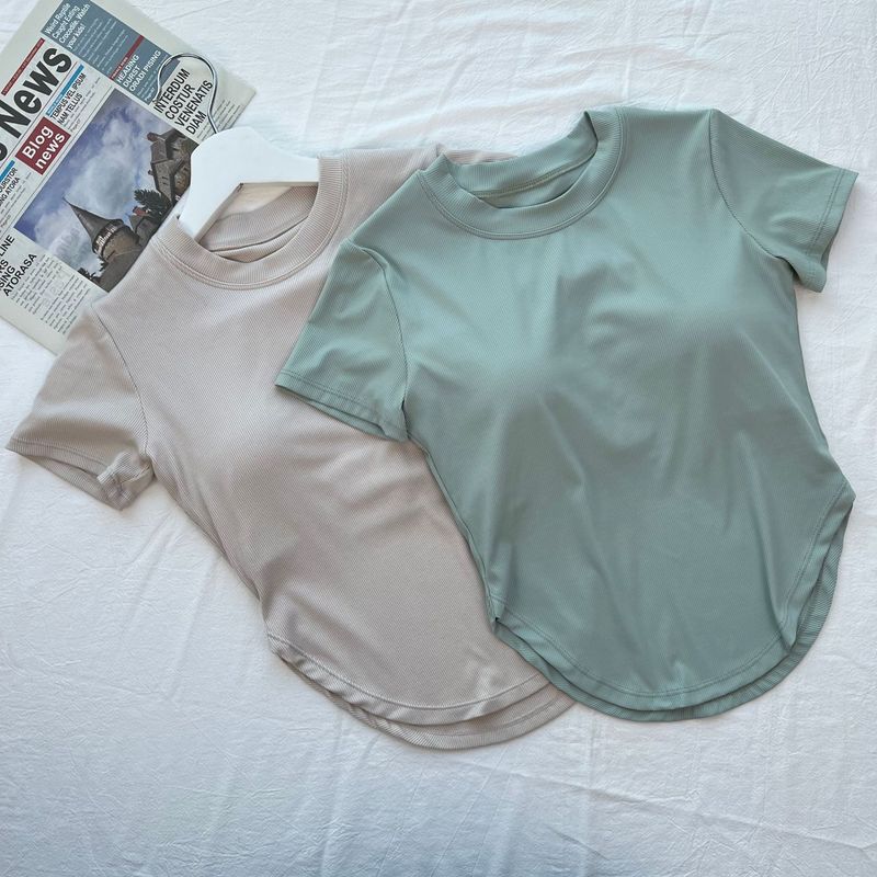 Lu Same Style with Chest Pad Tight Sexy Yoga Clothes Women's Soft Midriff Outfit Sports Tops Silm Fitness T-shirt Short Sleeve