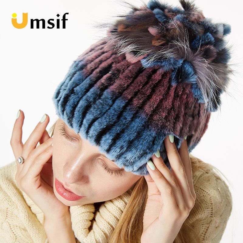 New Winter hats for women 100% Real Rex rabbit fur Patchwork thick hat female knitted hat skullies & beanies women's beanie cap