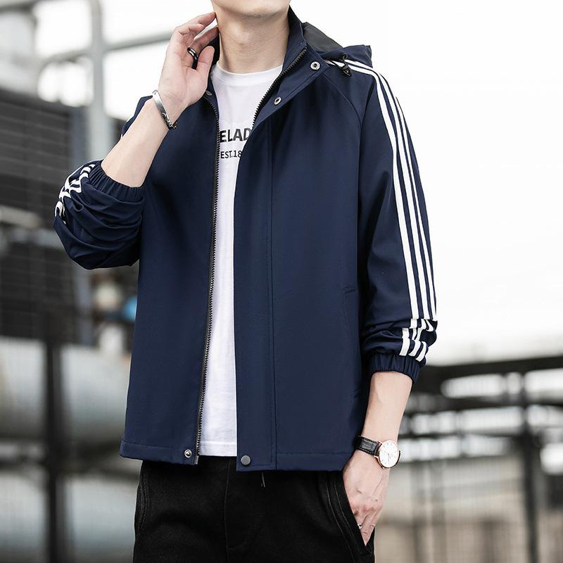 

New Spring and Autumn Three-bar Stand-up Collar Men s Jacket Casual Hooded Jacket Youth Sports Trench Coat M тёмно-синий