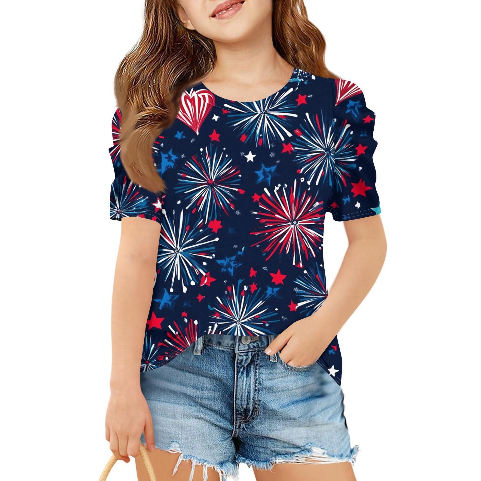 

Летний топ с короткими рукавами для девочек, детская повседневная футболка с круглым вырезом на День независимости 140 чёрный