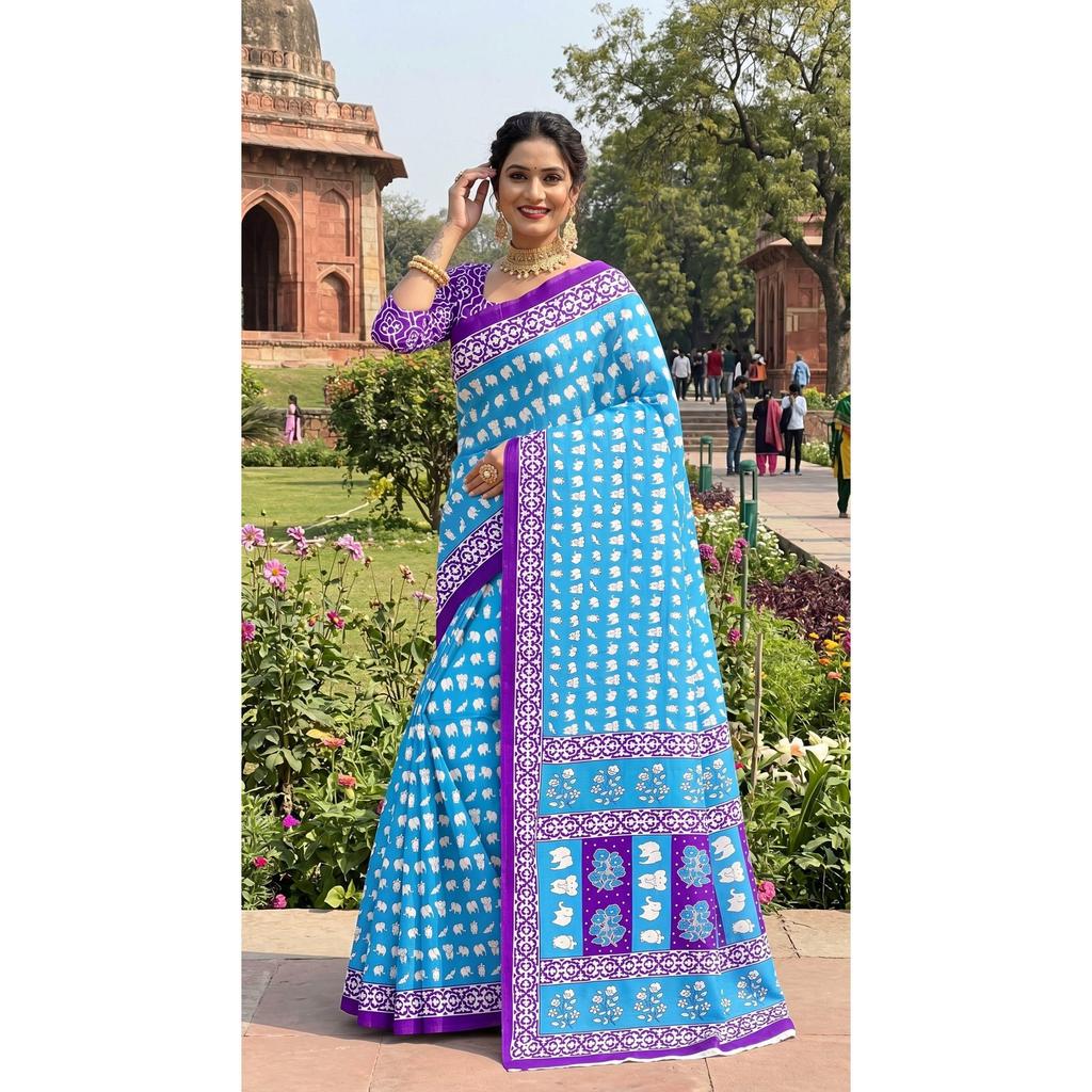 New Launch Beautiful Bagru Printed Saree with Blouse