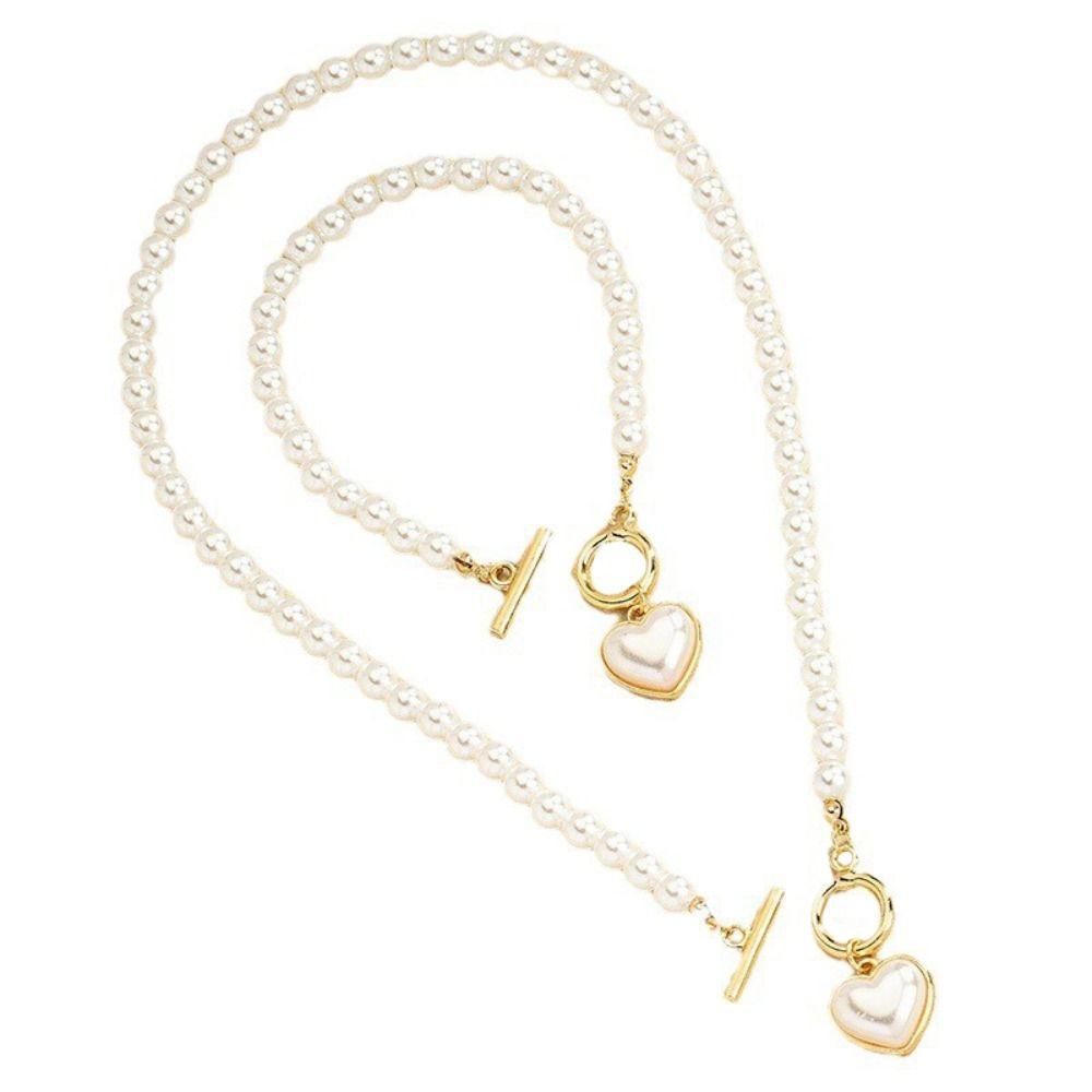 Exquisite Heart Pendant Jewelry Set Crystal Pearl Necklace Set Sweet Necklace Bracelet Set  Women