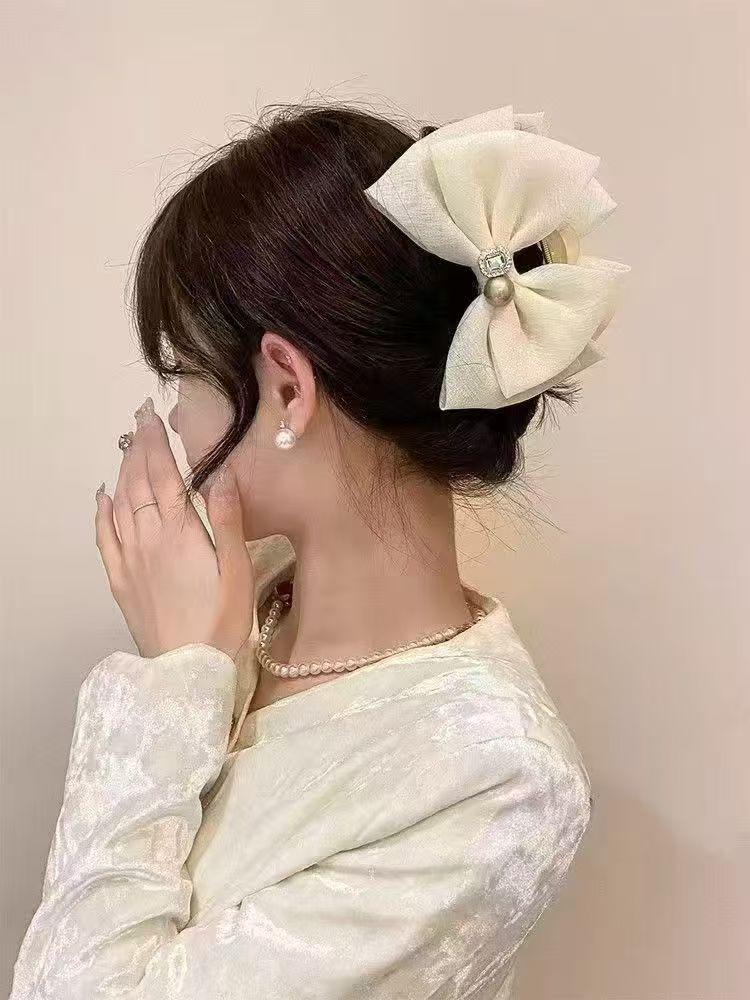 Elegant Faux Pearl Tassel Hair Clip with Bow for Women - Chic Updo Accessory