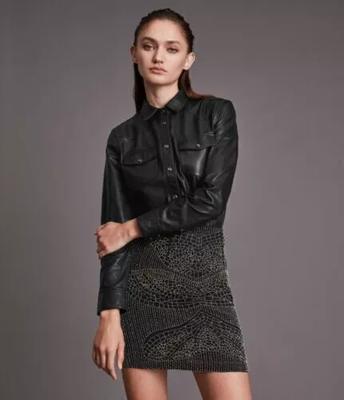 Women Slim Fit Front Shirt Black Stylish Genuine Lambskin Handmade Leather Festive Wear Shirt