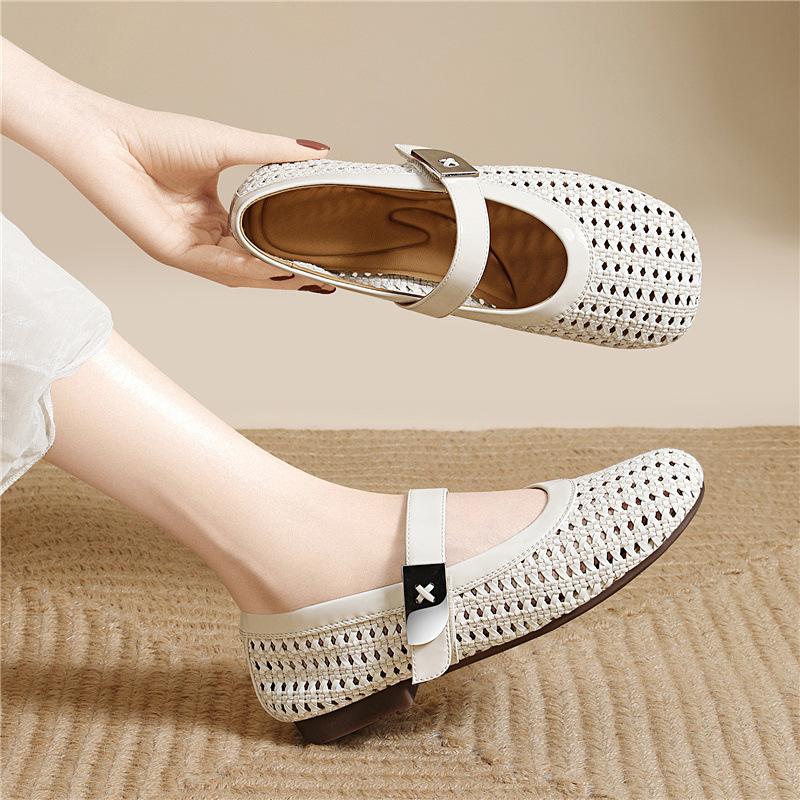 Genuine Leather Woven Hollow Women's Shoes Flat Toe Half Slippers Women's Summer Wear New Style with Skirts Fashion Sandals Slippers