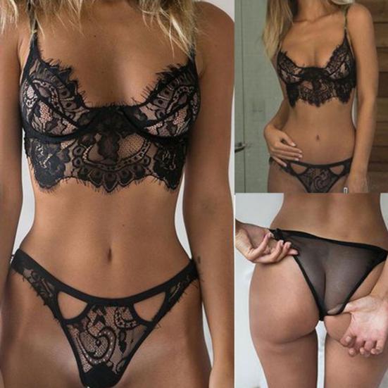 2Pcs Women Sexy See-Through Eyelash Lace Bra Panties Bikini Set Erotic Underwear
