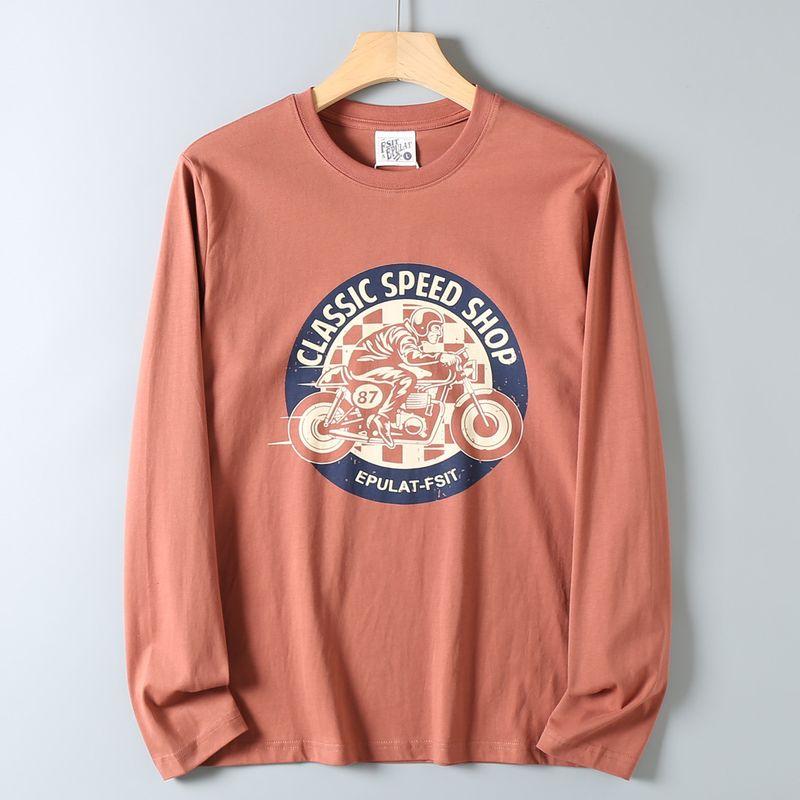 Original Export Surplus Soft and Skin-Friendly Casual Versatile All-Cotton Motorcycle Print Long-Sleeve T-Shirt for Men Trendy