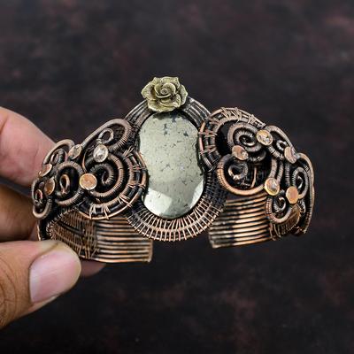 Pyrit Kupfer Armreif Kupferdraht umwickelter Schmuck Verstellbarer Armreif Handgefertigter Edelstein Manschettenarmreif Drahtumwickelter Manschettenarmreif Blumenarmreif