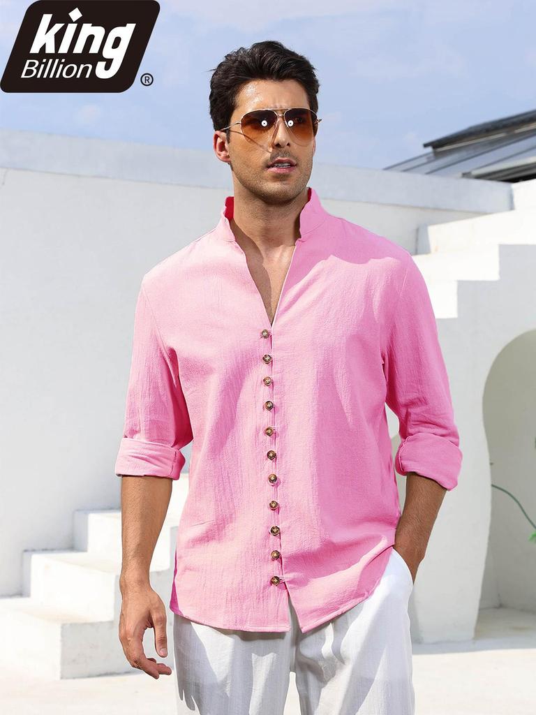Men's Linen Cotton Blend Long Sleeve Shirt - Stylish Single Breasted Henley Neck Casual Tops for Daily Wear
