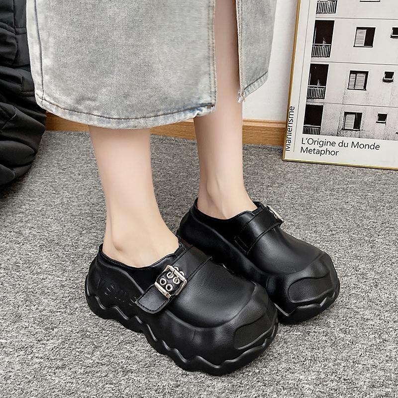 Fashion Slippers Women 2025 New Autumn Winter 8cm Thick-soled Half Slippers Leather Female Wear Fashion Closed Toe Women Slippers
