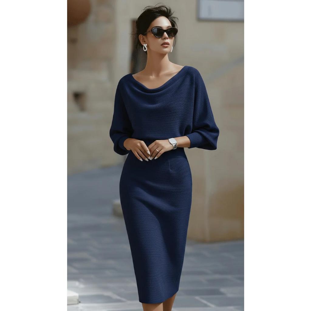 Fashion Pleated Batwing Sleeve Midi Dress for Women, Casual Evening Party Dress for European American Market