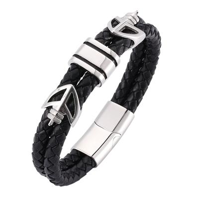 Fashion Man Jewelry Black Braided Leather Bracelet Charm Steel Clasp Fashion Bangles Bracelets