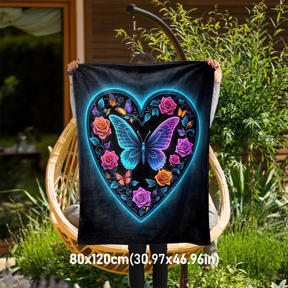 1pc heart butterfly Outdoor Flannel Blanket Soft Warm All-Season Throw for Sofa Bed Car Camping Office, Cozy Gift Idea1241S 80x120cm(31x47inch)