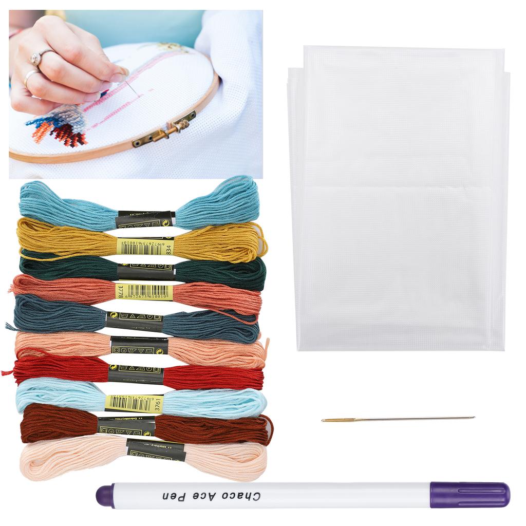Cross Stitch Set 10 Color Embroidery Thread Water Soluble Cloth Needle Kit for Beginner