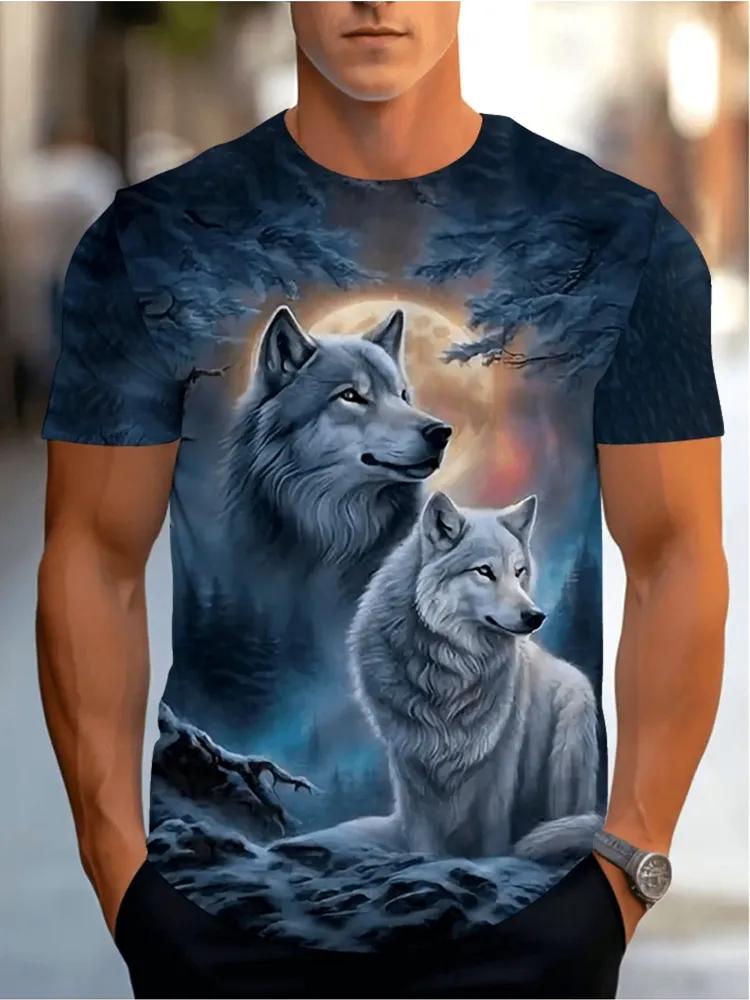 Men s Night Wolf Pack Print T-Shirt, Full Moon Forest Wolves Short Sleeve Casual Streetwear XXS синий