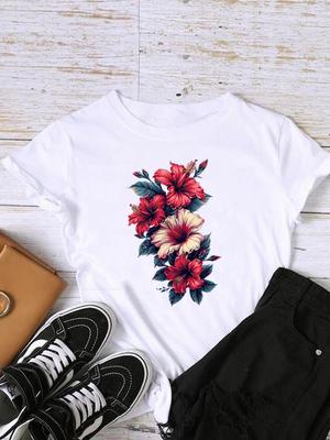(Asian Size) Clothing Top Watercolor Flower Trend Short Sleeve T Shirt Casual O-neck Tee Fashion Print Lady Female Women Graphic T-shirts